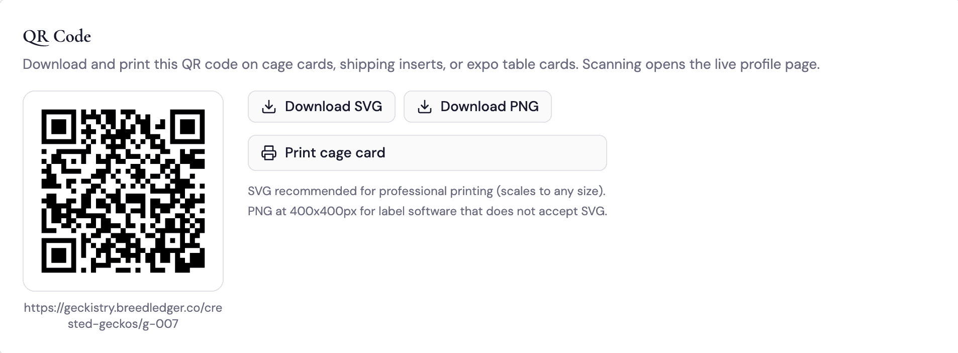 QR code label preview from Breed Ledger